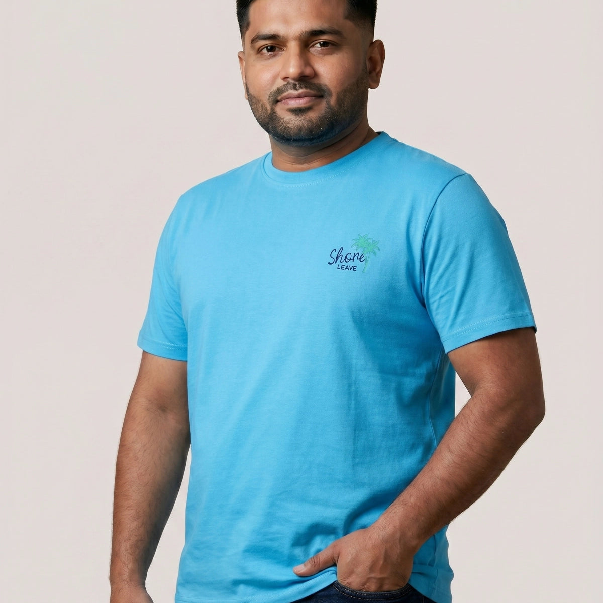 Soft Enzyme Washed Azure Blue Round Neck Cotton T-shirt