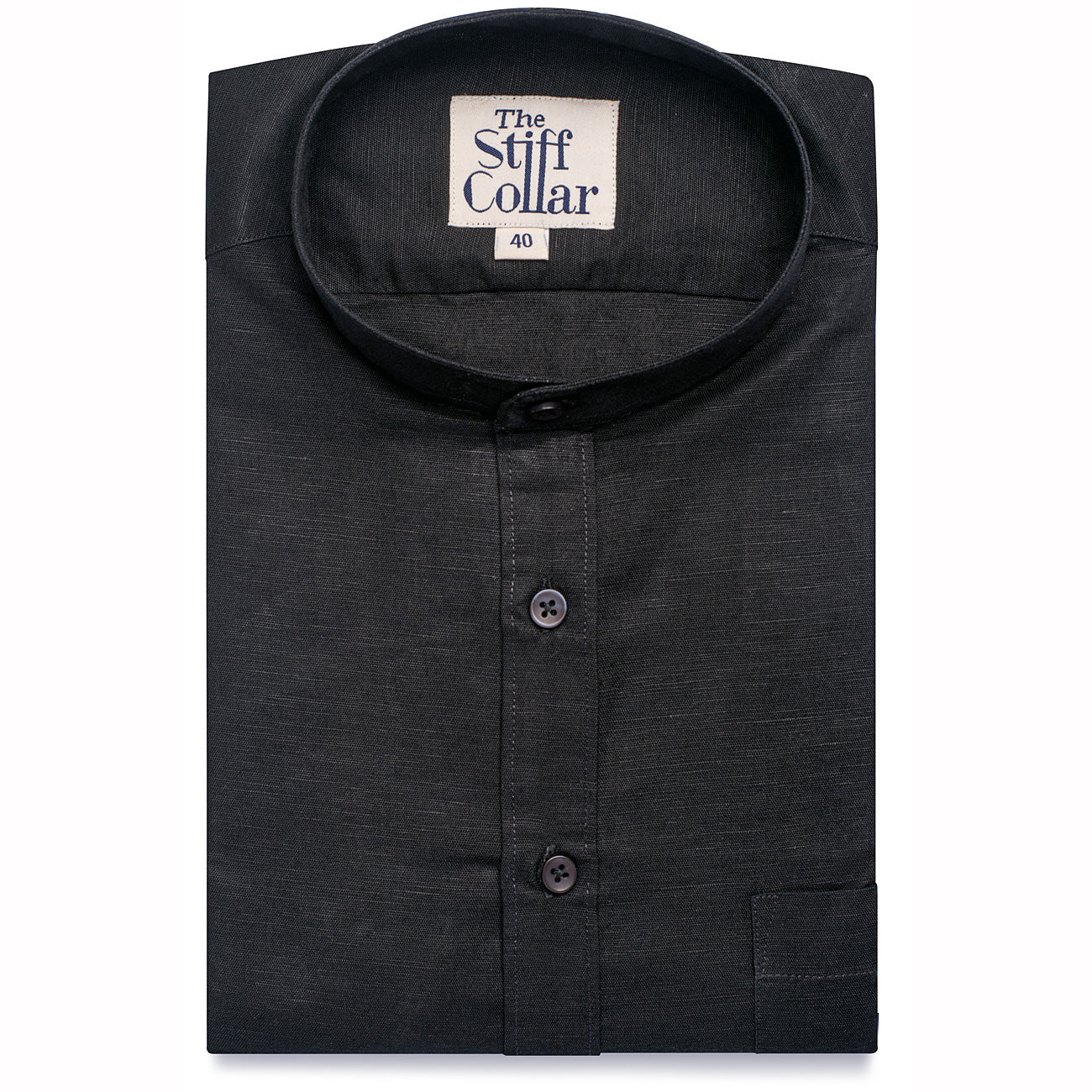 Stark Black Linen Mandarin Collar Shirt