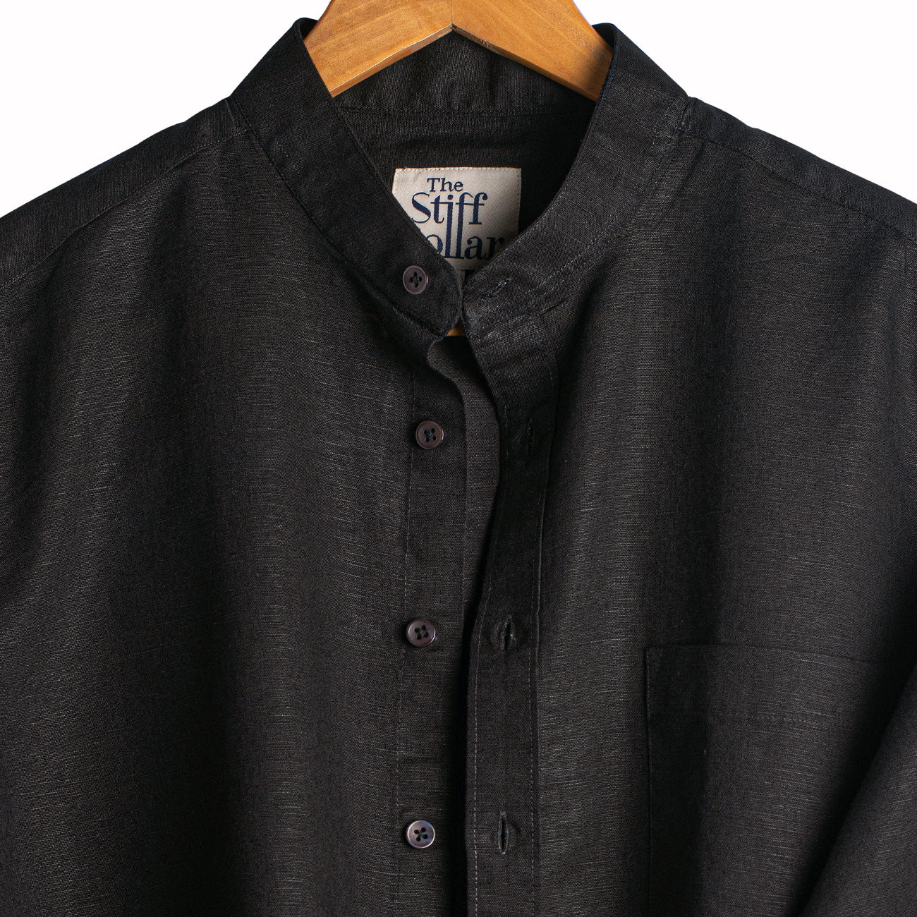 Stark Black Linen Mandarin Collar Shirt