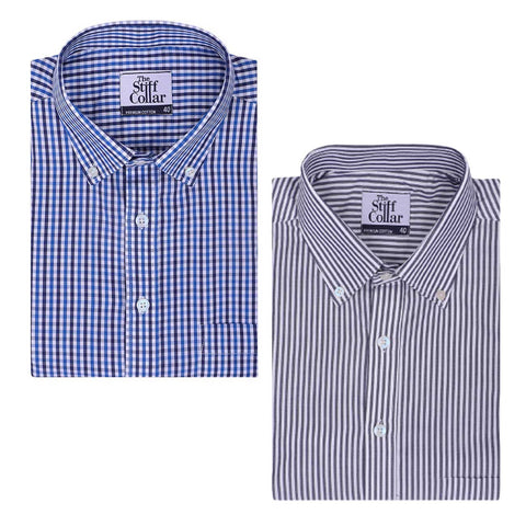 Ice Blue Checks and Dove White Half Sleeve Cotton Shirt Combo