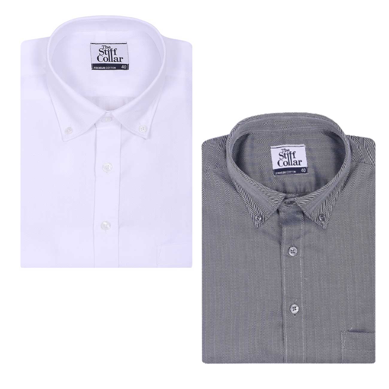 Premium White and Grey Herringbone Button Down Collar Cotton Shirt Combo