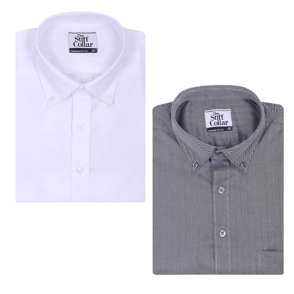 Premium White and Grey Herringbone Button Down Collar Cotton Shirt Combo