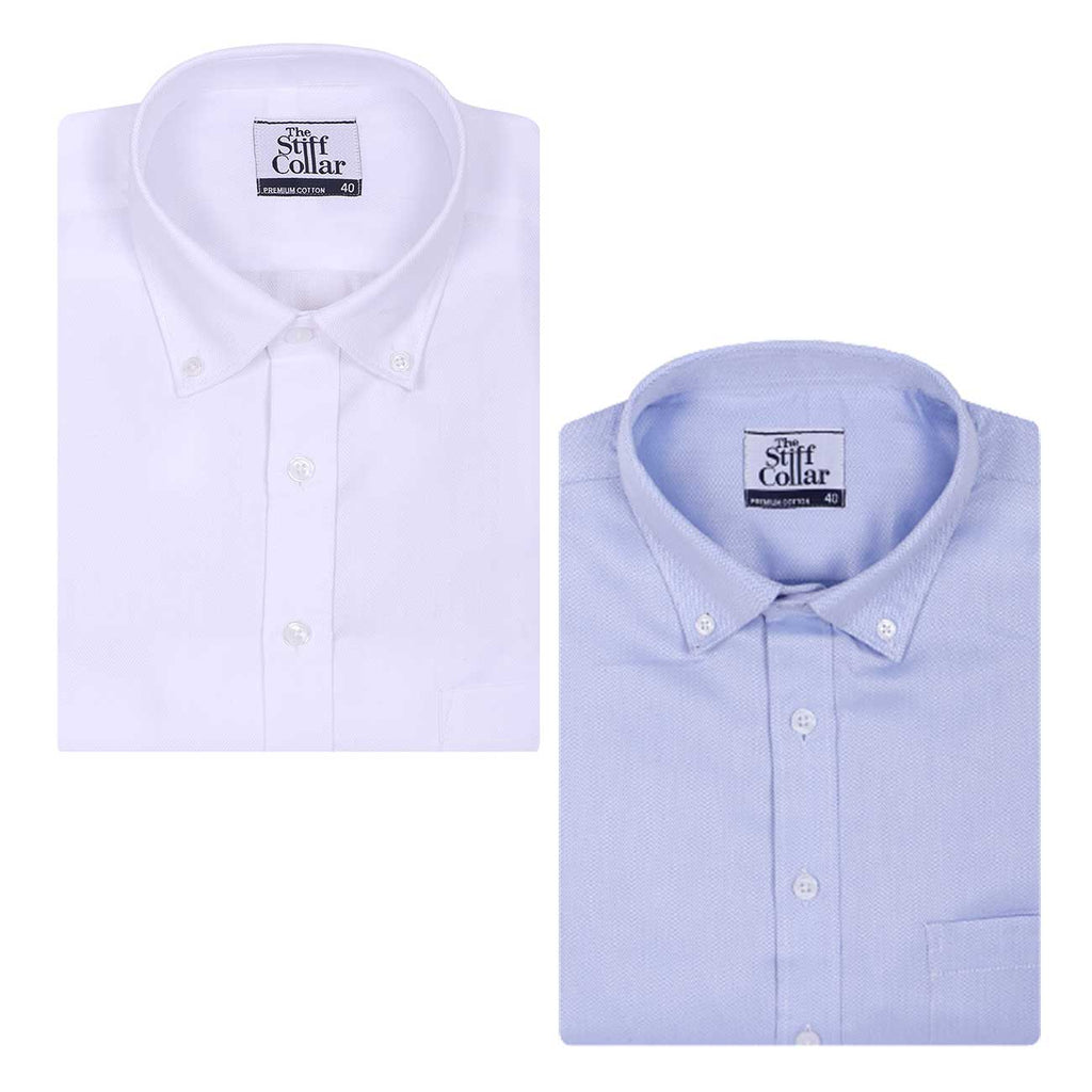 Premium Elvis Blue and White Herringbone Button Down Collar Cotton Shirt Combo