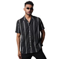 Carbon Black Jaquard Stripes Cuban Collar Half Sleeve Shirt