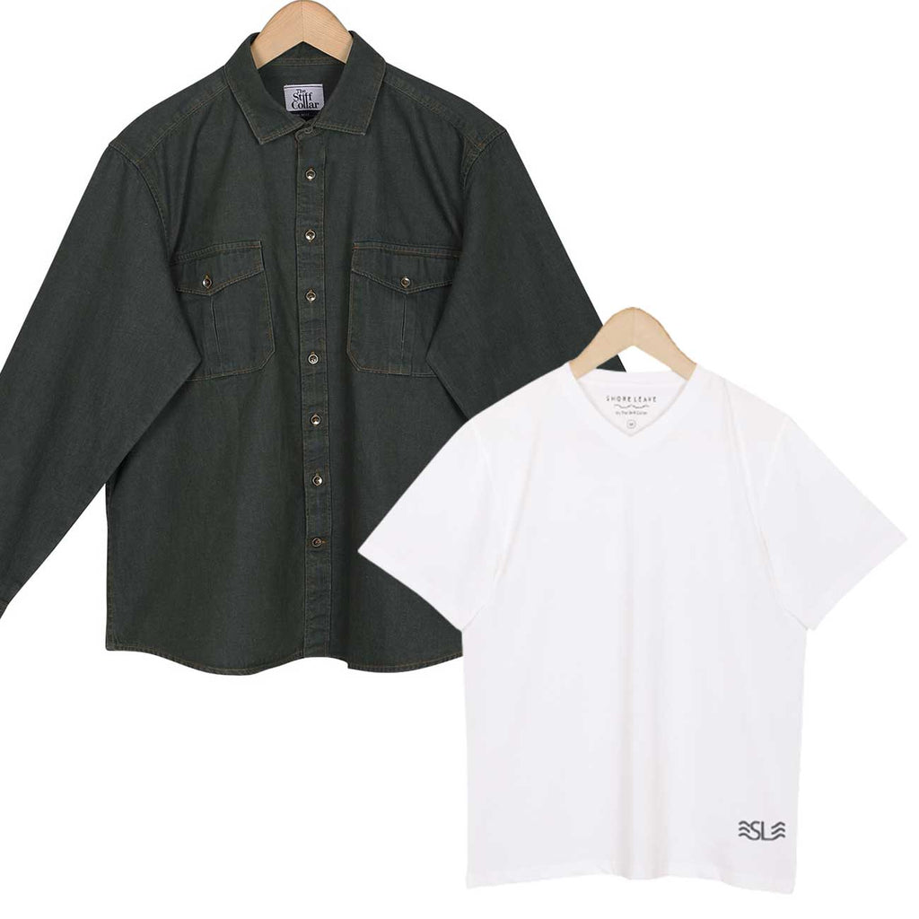 Casual Green Denim Overshirt and White V Neck T Shirt Combo