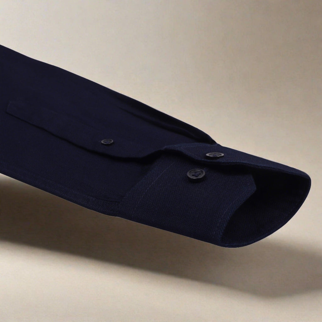 Navy Herringbone Denim Button Down Collar Regular Fit Shirt