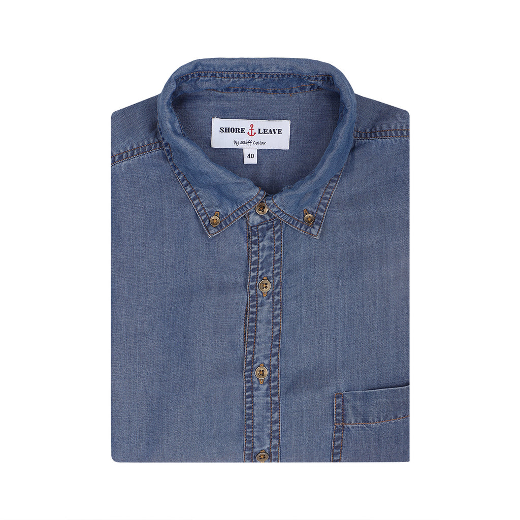 Stone Washed Blue Denim Button Down Collar Shirt