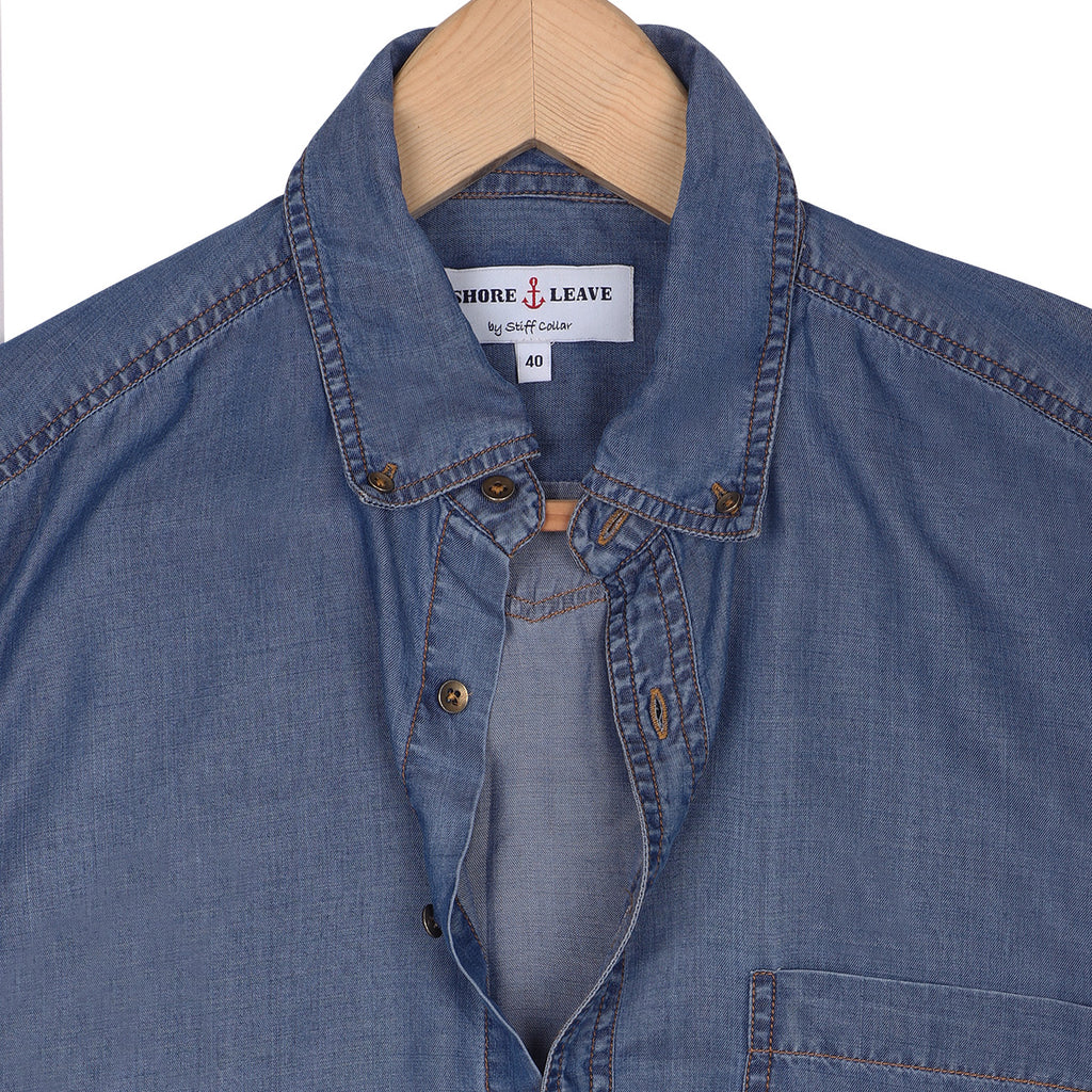 Stone Washed Blue Denim Button Down Collar Shirt