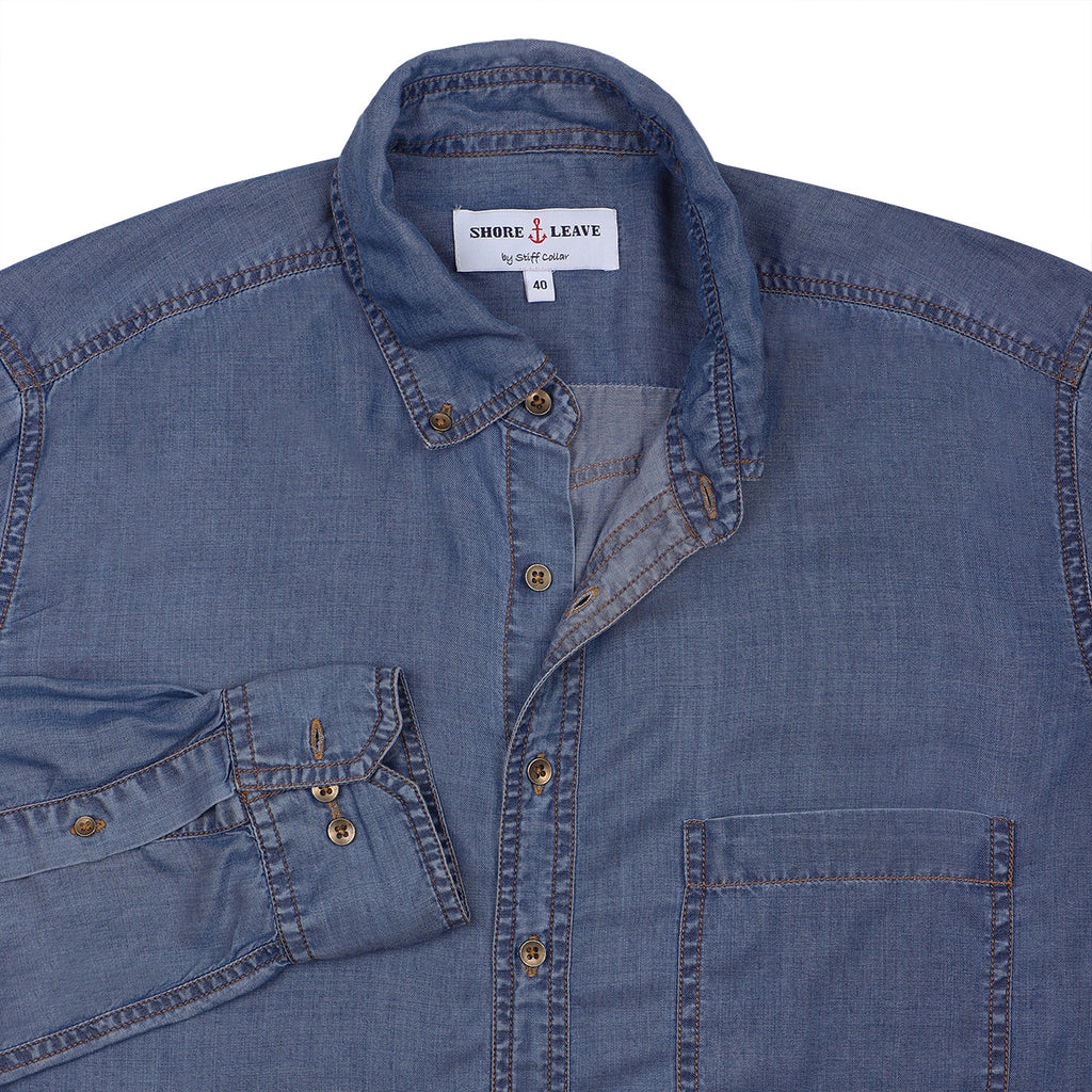 Stone Washed Blue Denim Button Down Collar Shirt