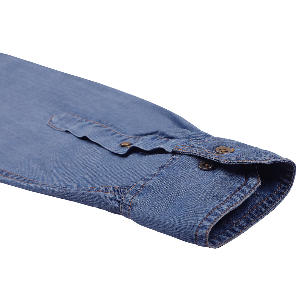 Stone Washed Blue Denim Button Down Collar Shirt