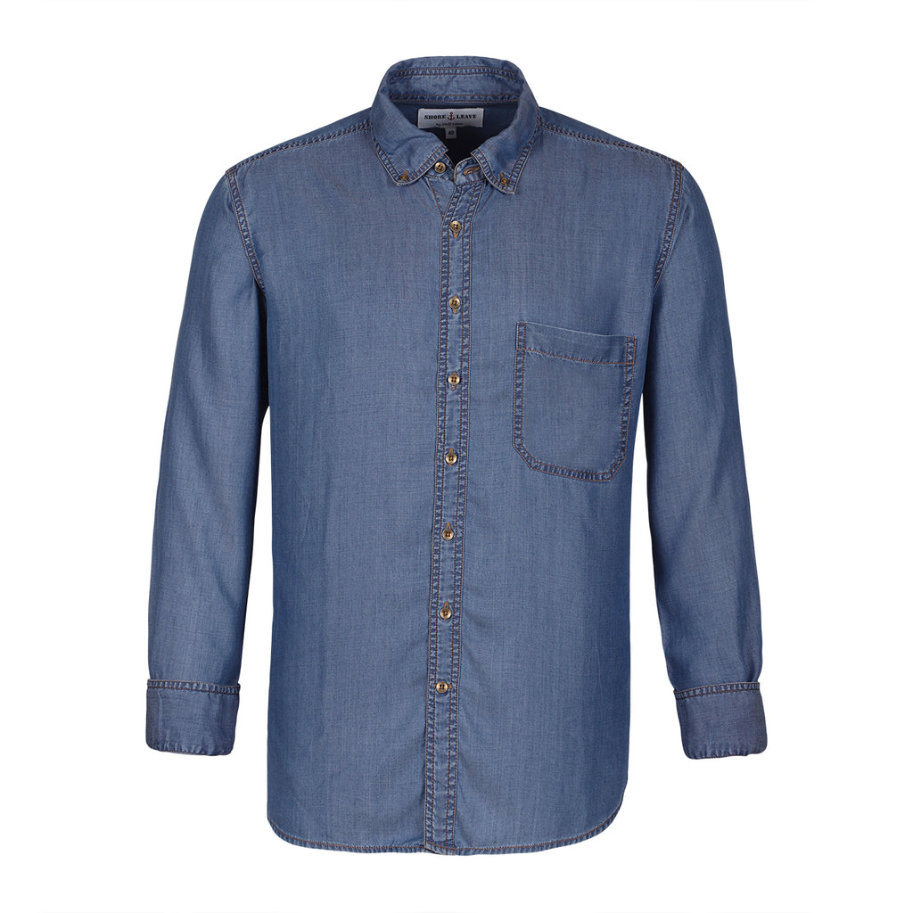 Stone Washed Blue Denim Button Down Collar Shirt