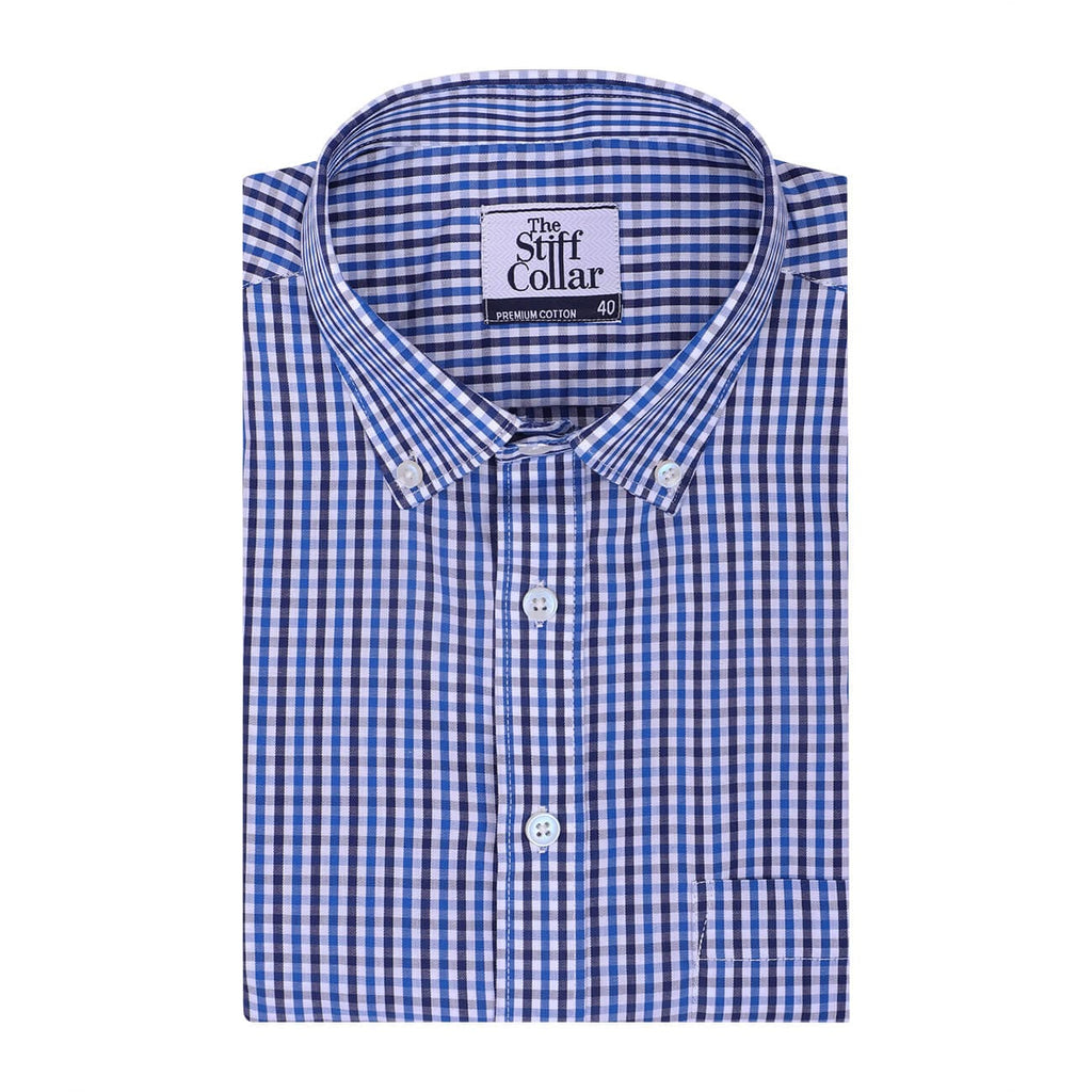 Premium Blue Ultramarine Checks and Navy Candy Stripes Button Down Collar Cotton Shirt Combo
