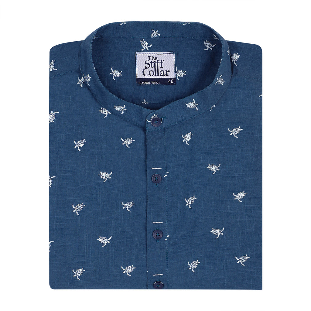 Blue Turtle Print Cotton Full Sleeve Premium Kurta Shirt