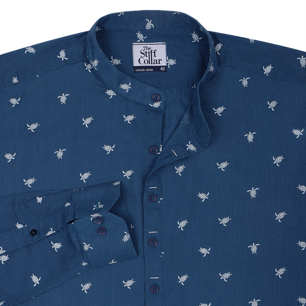 Blue Turtle Print Cotton Full Sleeve Premium Kurta Shirt