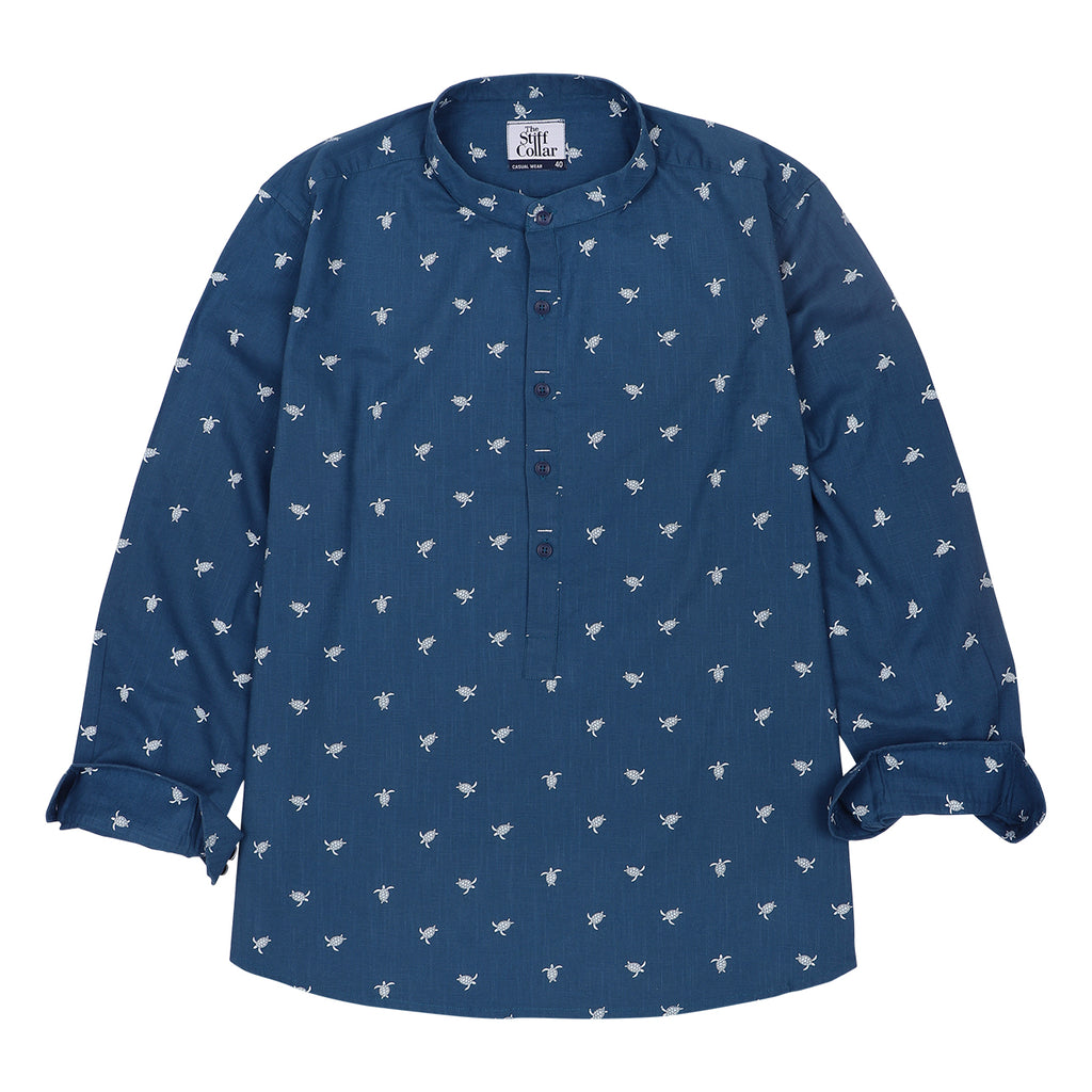 Blue Turtle Print Cotton Full Sleeve Premium Kurta Shirt