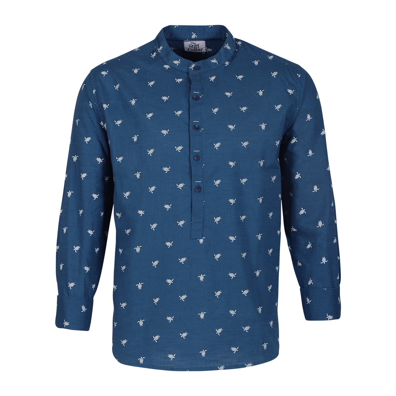 Blue Turtle Print Cotton Full Sleeve Premium Kurta Shirt