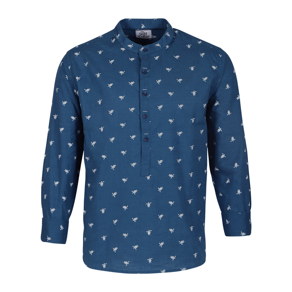 Blue Turtle Print Cotton Full Sleeve Premium Kurta Shirt