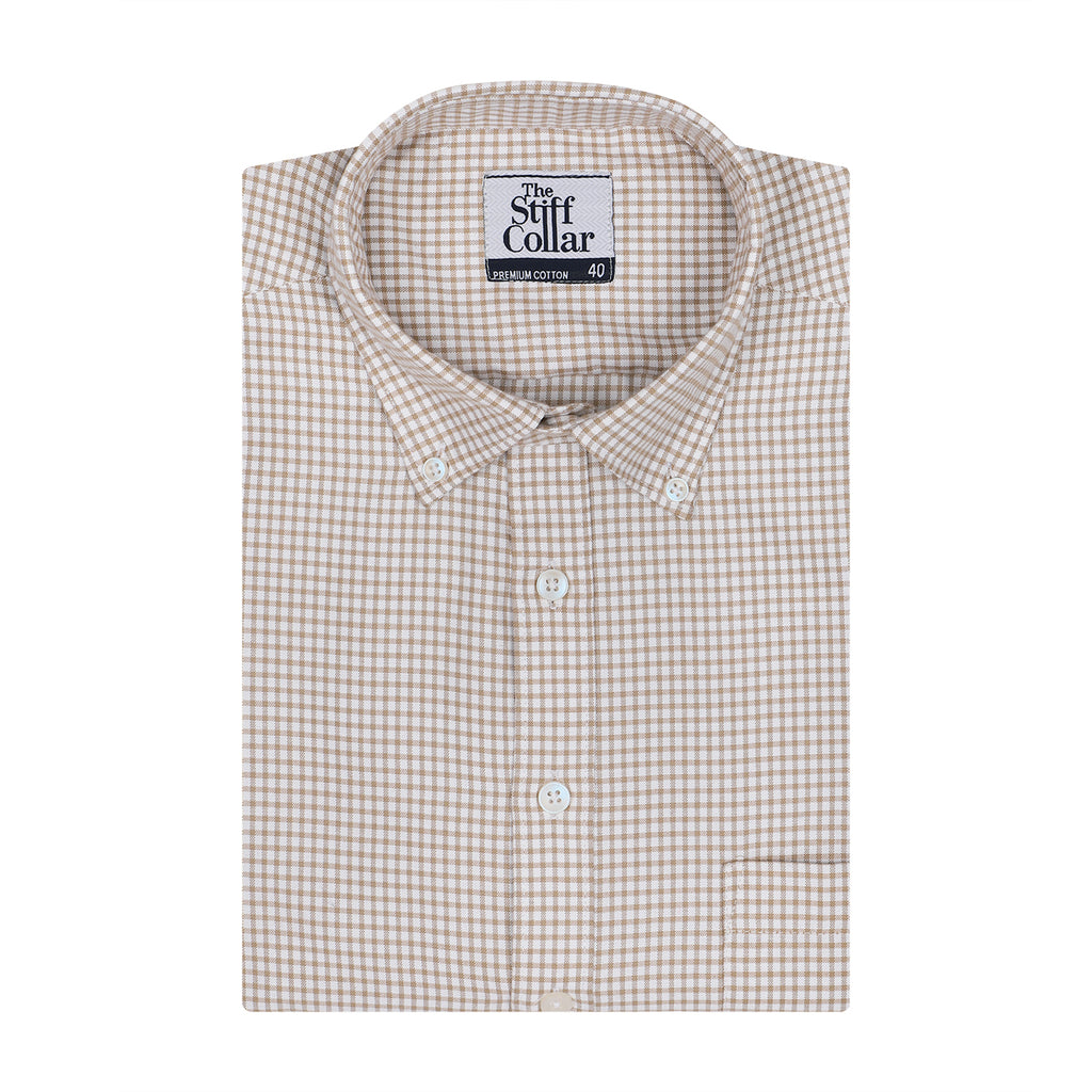 Camel Brown Oxford Check Button Down Cotton Shirt