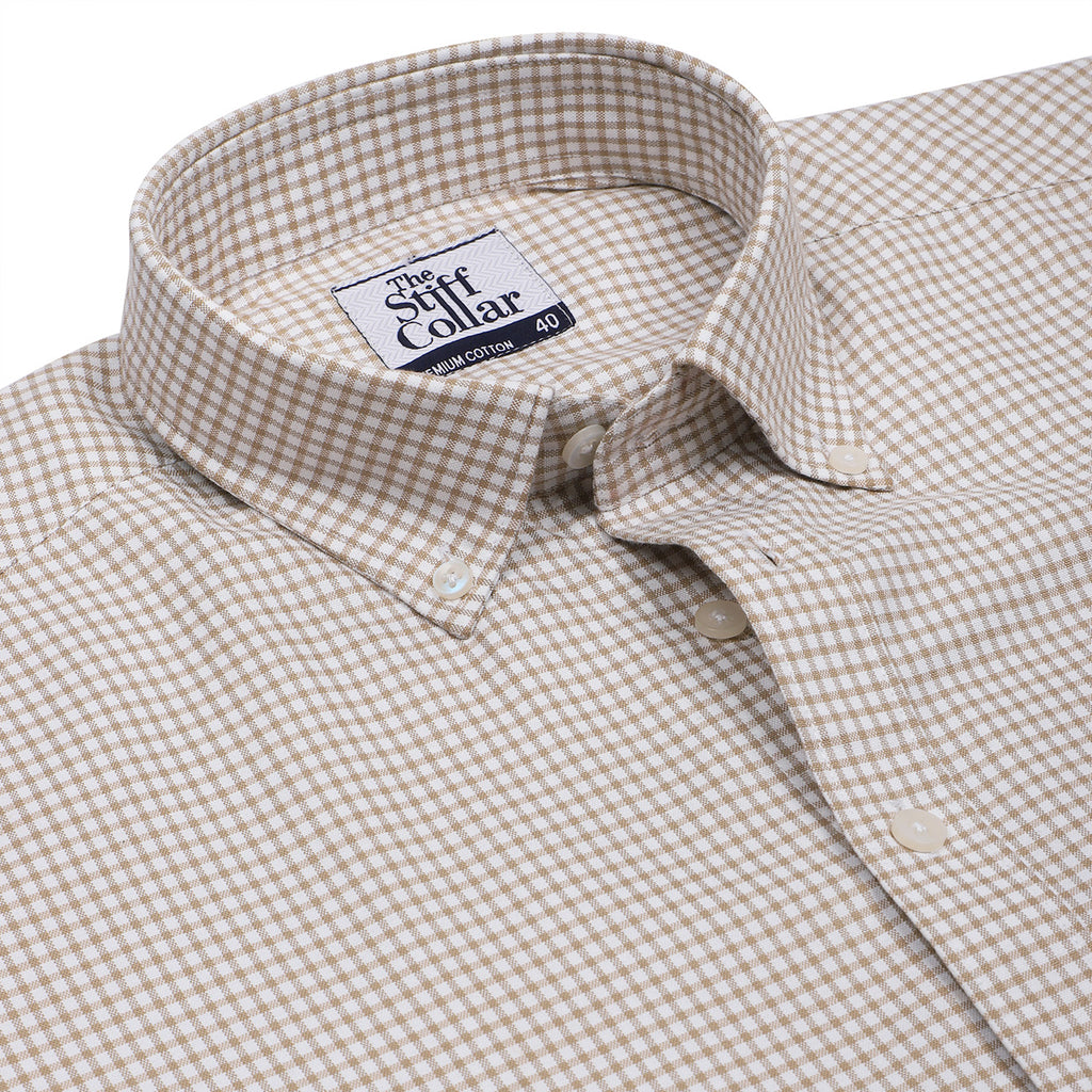 Camel Brown Oxford Check Button Down Cotton Shirt