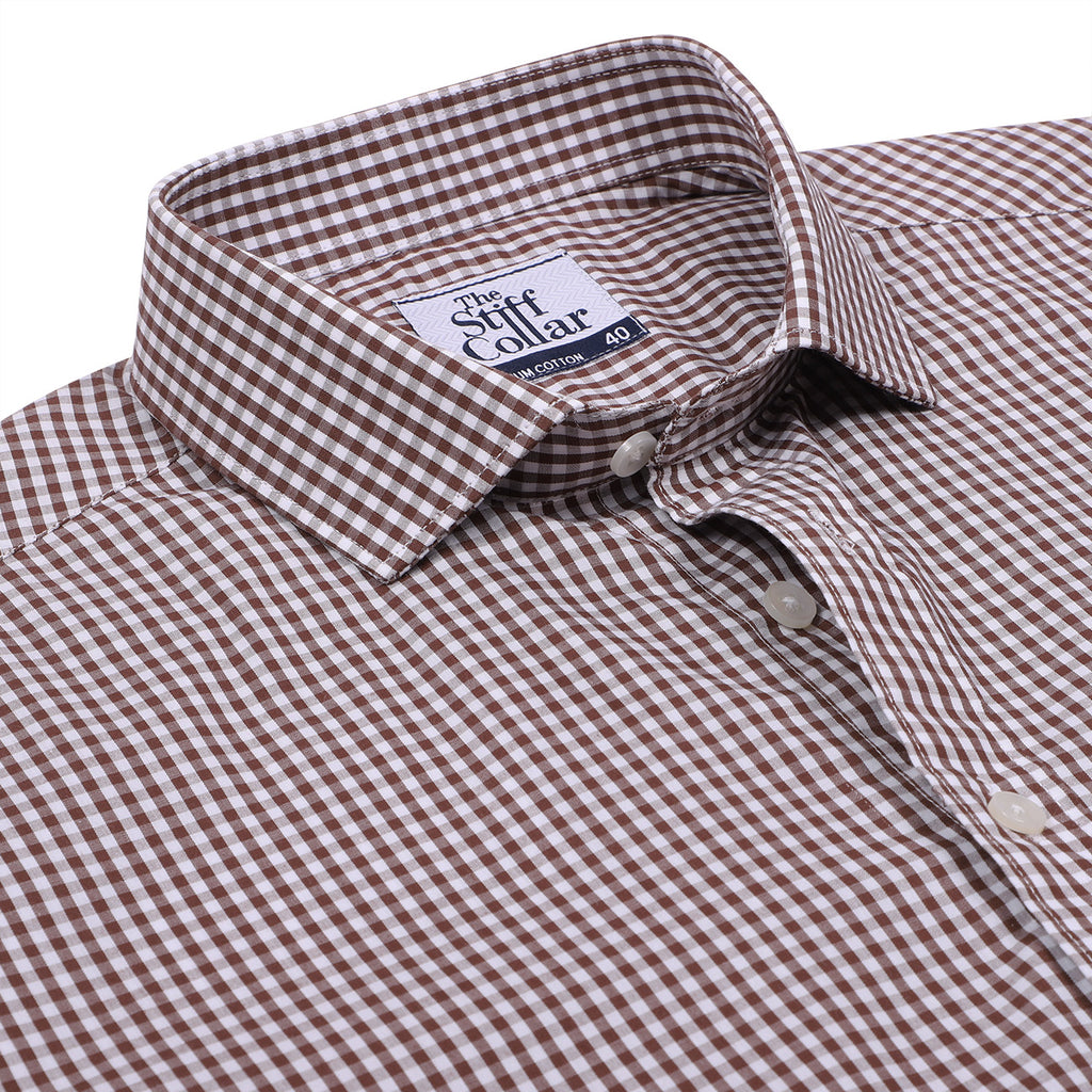 Brown Gingham And Brown Linen Half Sleeve Cotton Shirt Combo