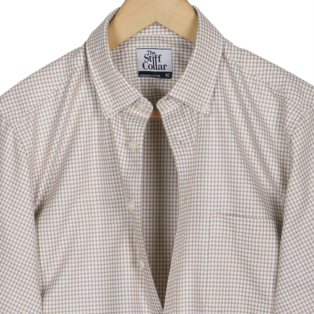 Camel Brown Oxford Check Button Down Cotton Shirt
