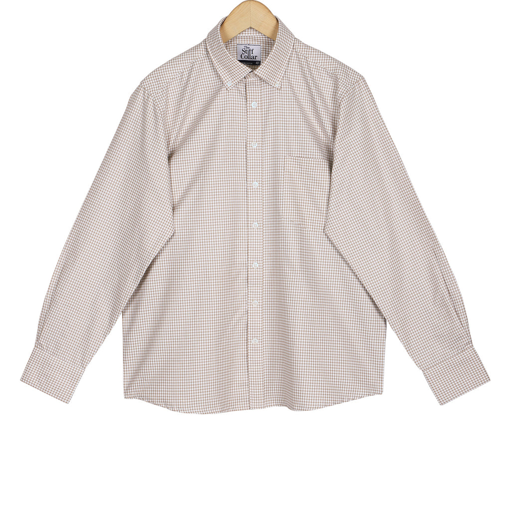 Camel Brown Oxford Check Button Down Cotton Shirt