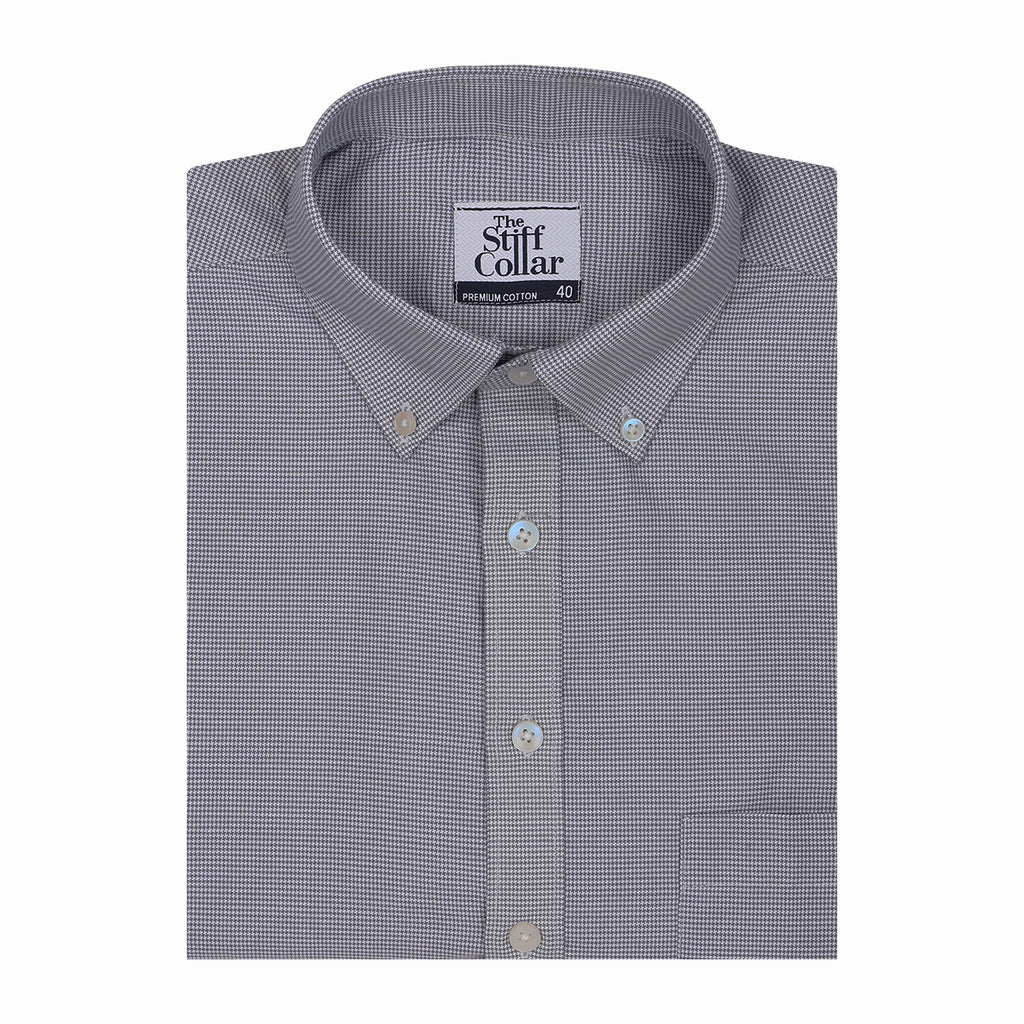 Carbon Black Houndstooth Button Down 2 Ply Cotton Shirt