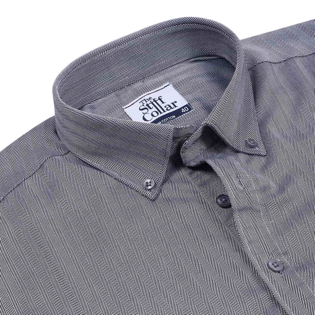Premium White and Grey Herringbone Button Down Collar Cotton Shirt Combo
