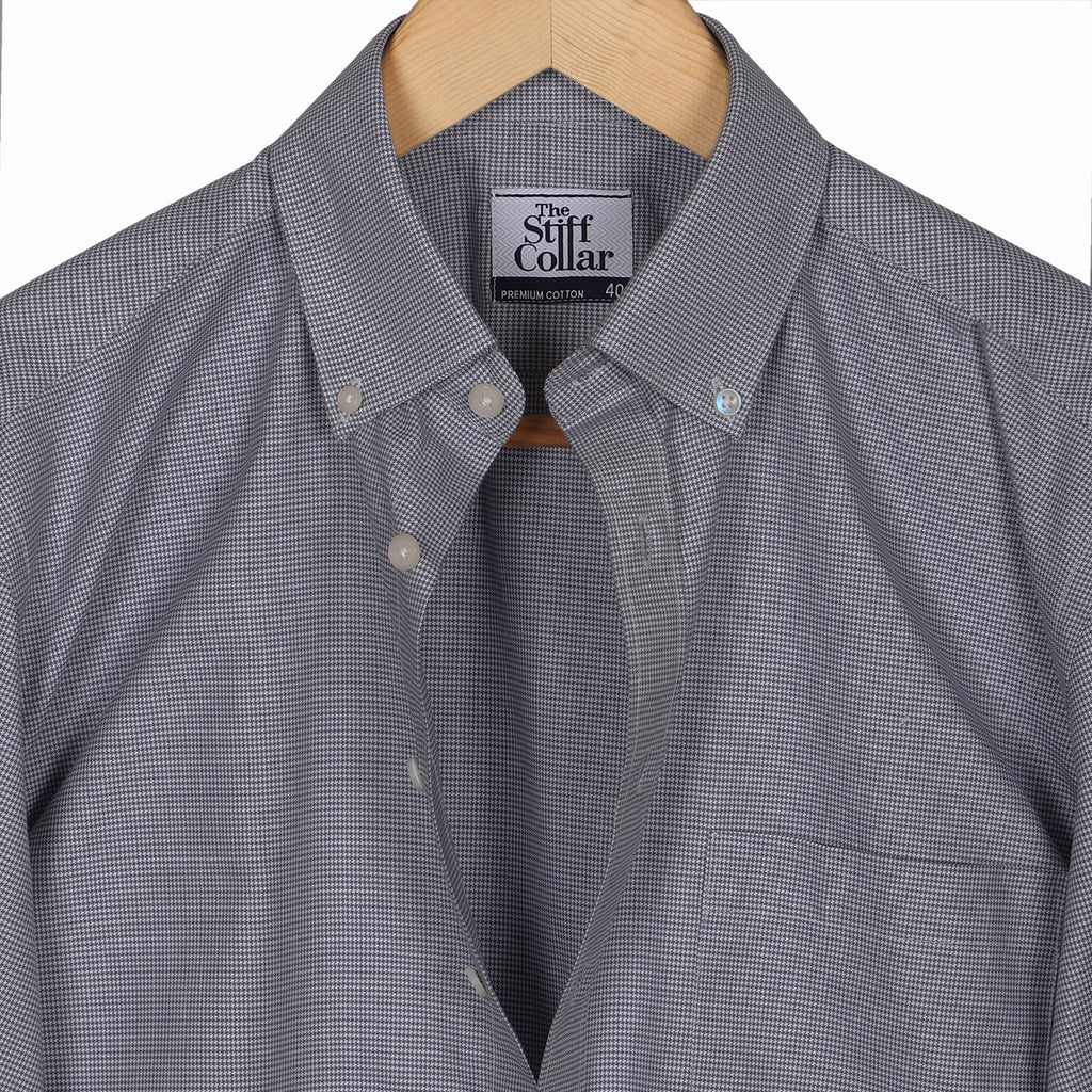 Carbon Black Houndstooth Button Down 2 Ply Cotton Shirt