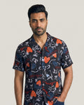 Black Celebration Print Cotton Open Collar Half Sleeve Shirt