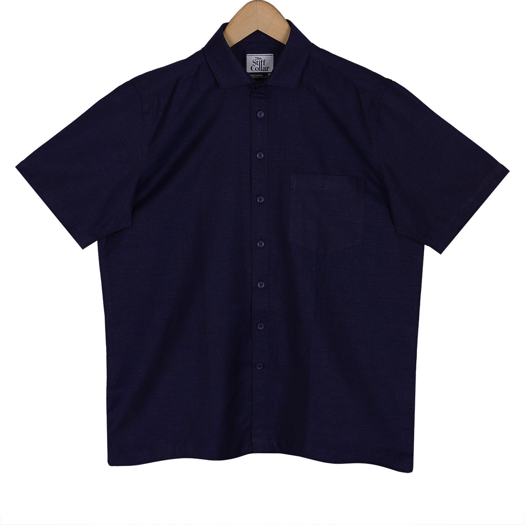 Steel Blue Cotton Linen Half Sleeve Shirt