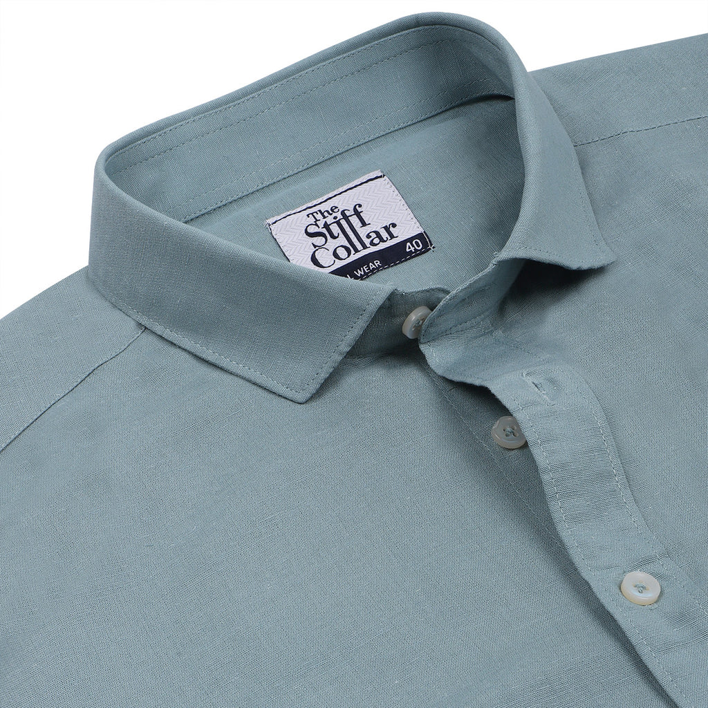 Teal Blue Pure Linen Half Sleeve Shirt