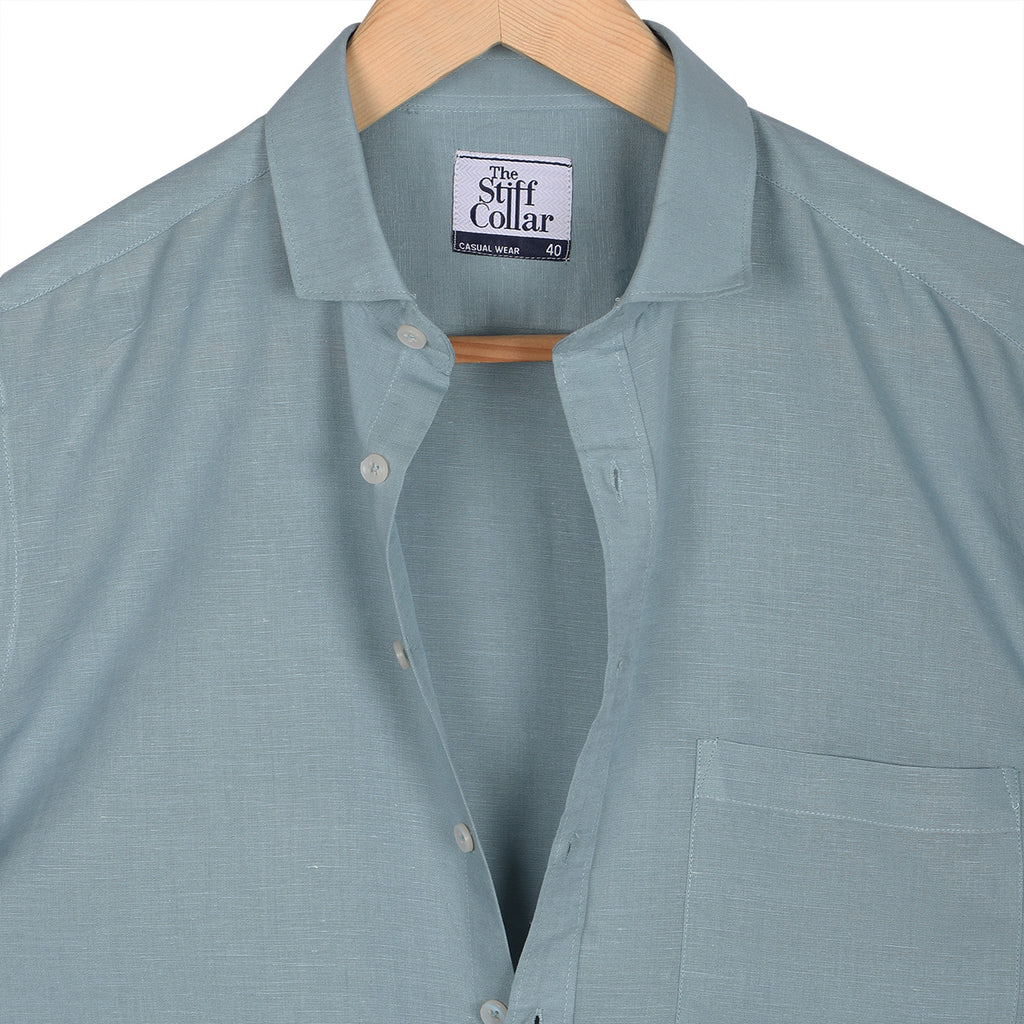 Teal Blue Pure Linen Half Sleeve Shirt