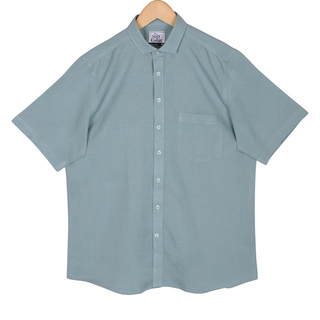 Teal Blue Pure Linen Half Sleeve Shirt