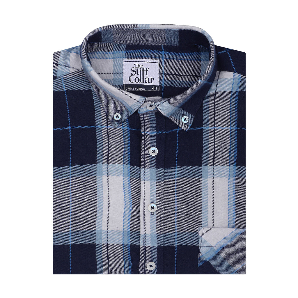 Midnight Blue Flannel Checks Button Down Cotton Shirt