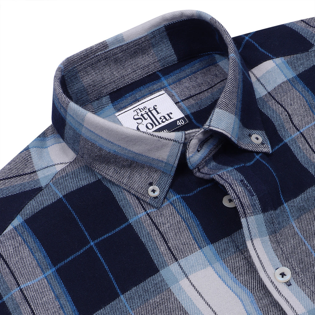 Midnight Blue Flannel Checks Button Down Cotton Shirt