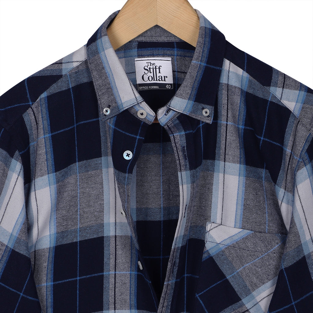 Midnight Blue Flannel Checks Button Down Cotton Shirt