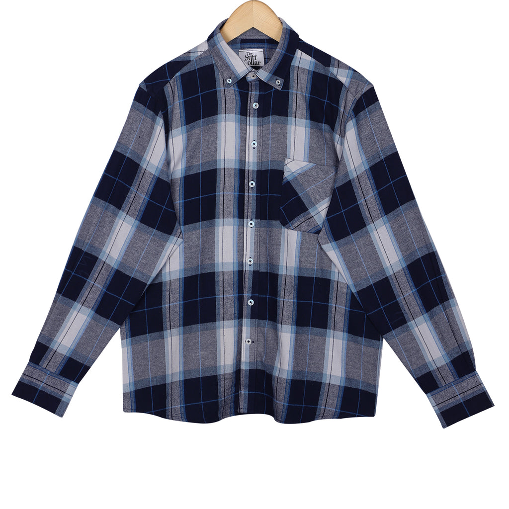 Midnight Blue Flannel Checks Button Down Cotton Shirt