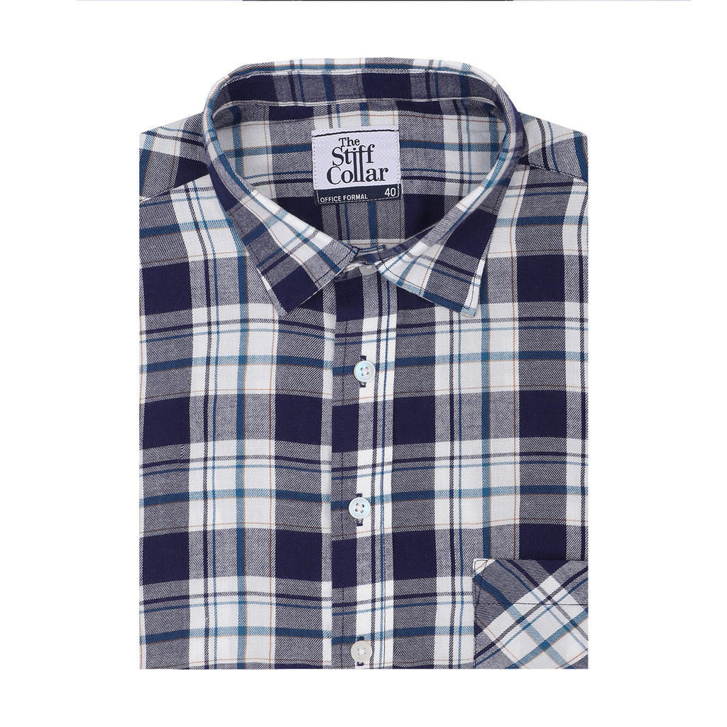 Scottish Navy White Brushed Checks Regular Fit Cotton Shirt
