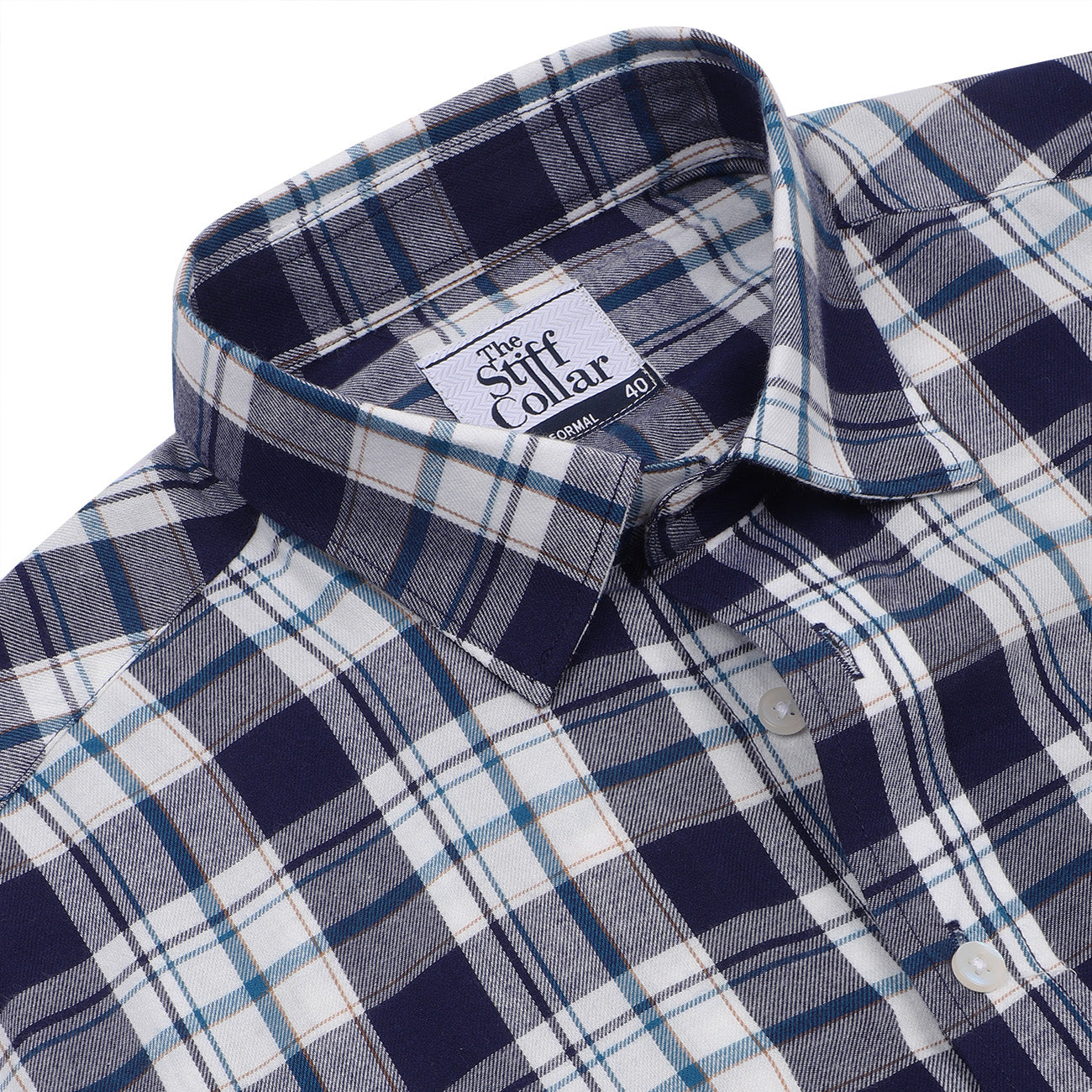 Scottish Navy White Brushed Checks Regular Fit Cotton Shirt