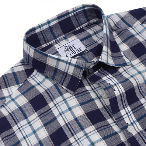 Luthai Prussian Navy Glen Plaid Checks Half Sleeve 2 Ply Giza Cotton Shirt