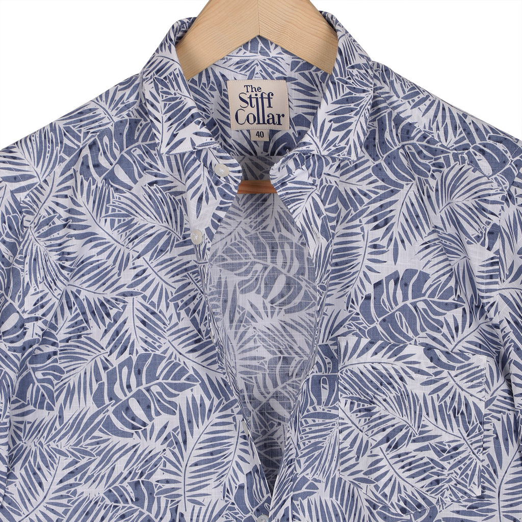 Subtle Blue Tropical Print Half Sleeve Cotton Shirt