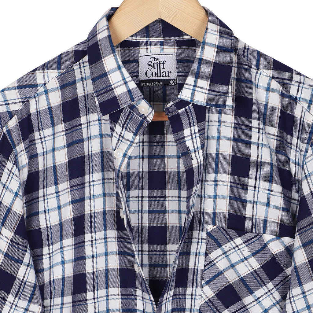 Scottish Navy White Brushed Checks Regular Fit Cotton Shirt