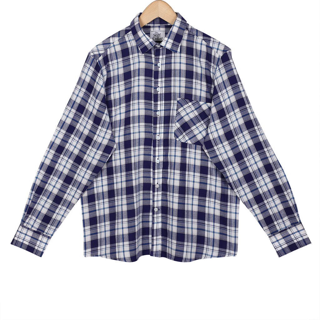 Scottish Navy White Brushed Checks Regular Fit Cotton Shirt