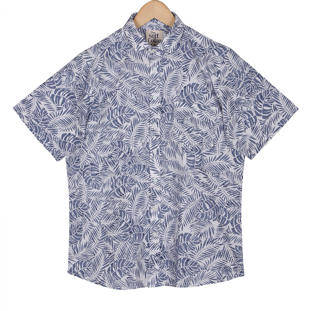 Subtle Blue Tropical Print Half Sleeve Cotton Shirt