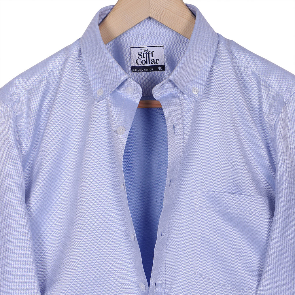 Premium Elvis Blue and White Herringbone Button Down Collar Cotton Shirt Combo