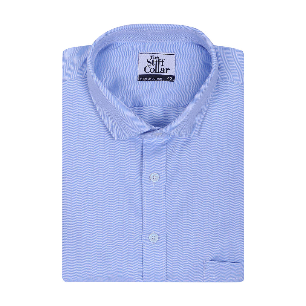 Luthai Manchester Blue Herringbone Half Sleeve 2 Ply Giza Cotton Shirt