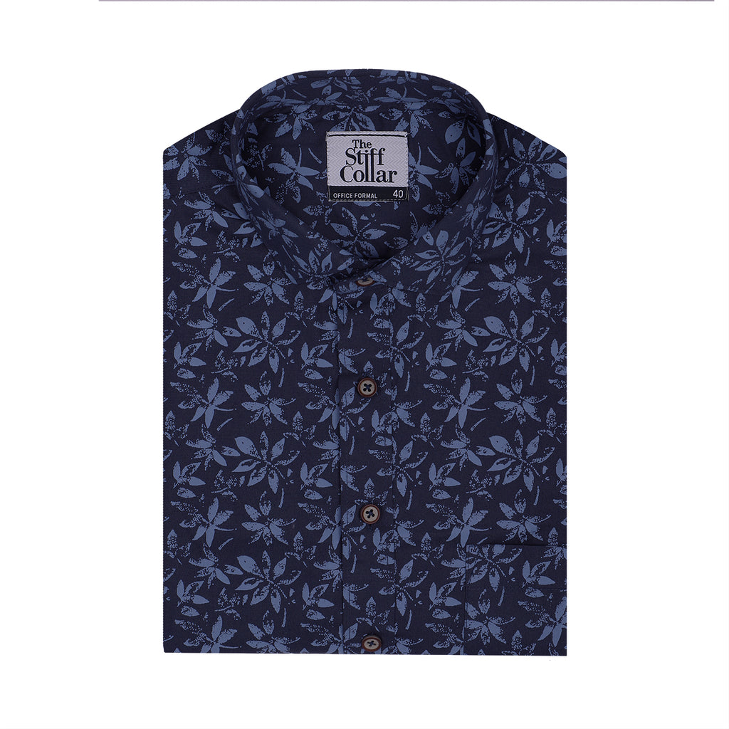 Navy Floral Digital Print Half Sleeve Cotton Shirt