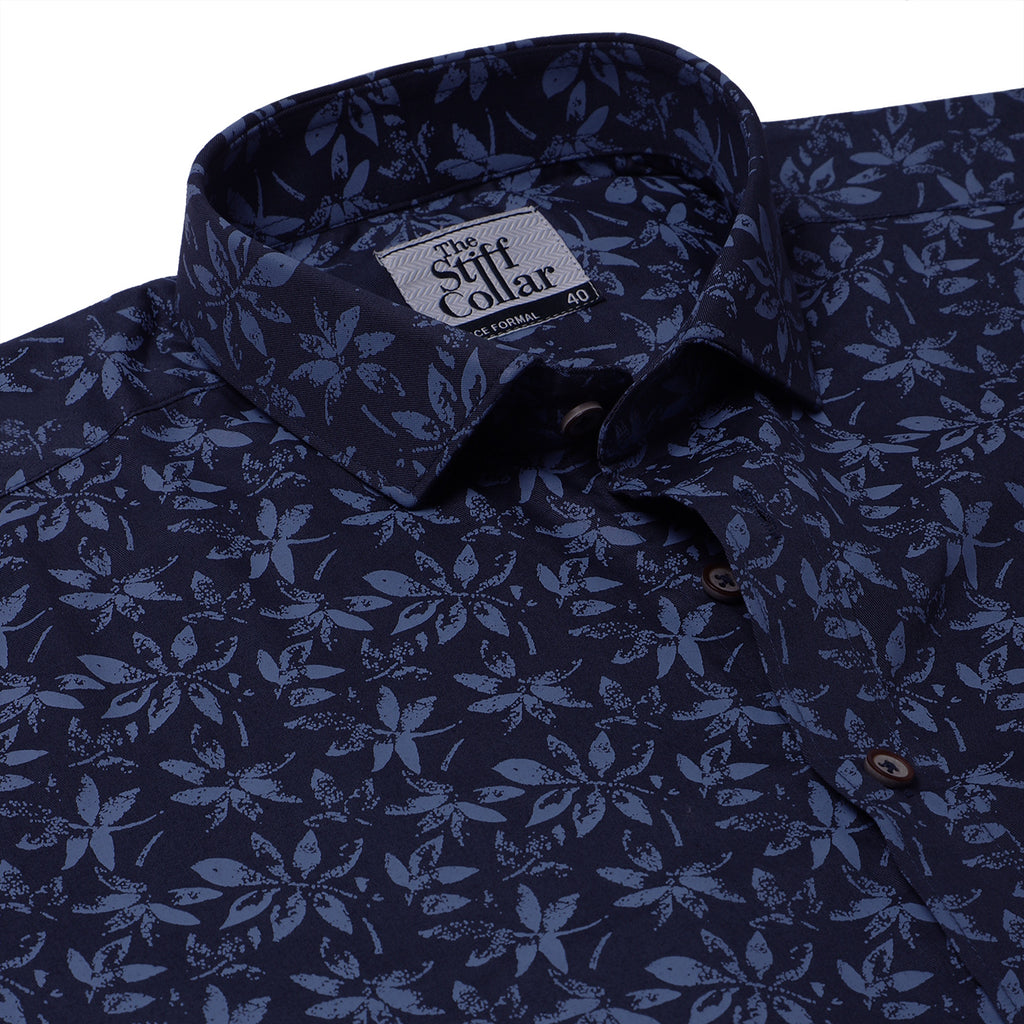 Navy Floral Digital Print Half Sleeve Cotton Shirt