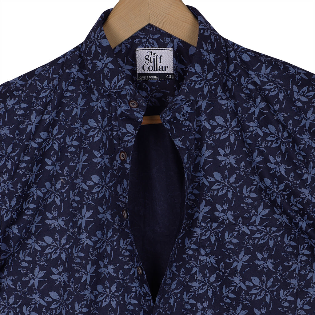 Navy Floral Digital Print Half Sleeve Cotton Shirt